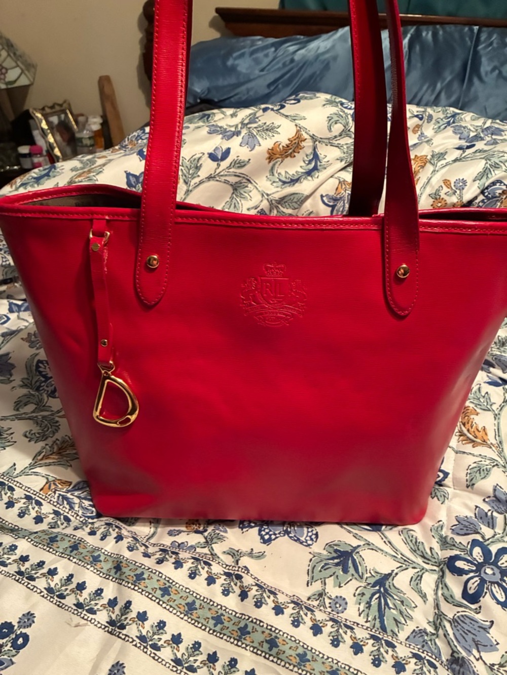 Ralph Lauren Red Leather Tote with Gold Charm